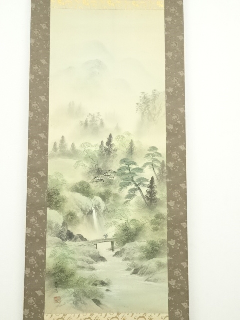 道具 ] - 道具 金子春雪筆 彩色山水 肉筆絹本掛軸（共箱